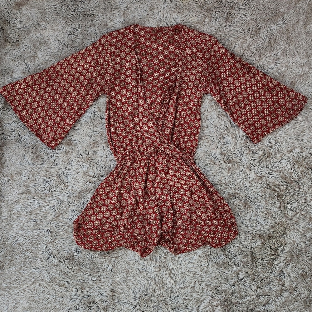 Blue Life Half Bell Sleeve Wrap Style Romper Red and Yellow‎